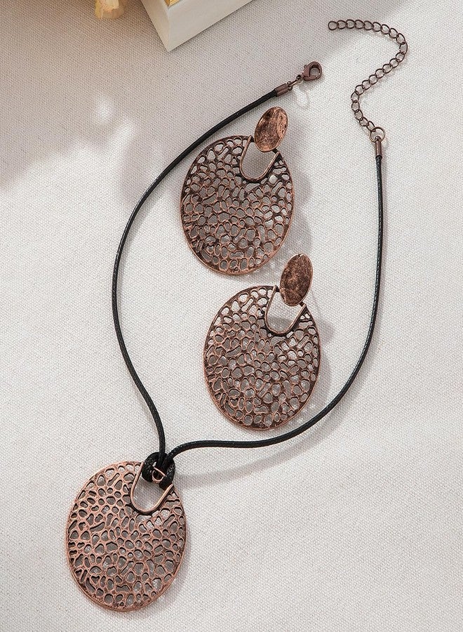 sunglnl Necklace And Earring Sets For Women, Circular Hollow Metal Pendant Vintage Necklaces With Long Chain Bohemian Style Jewelry Gift (Bronze-circle) - Image 2